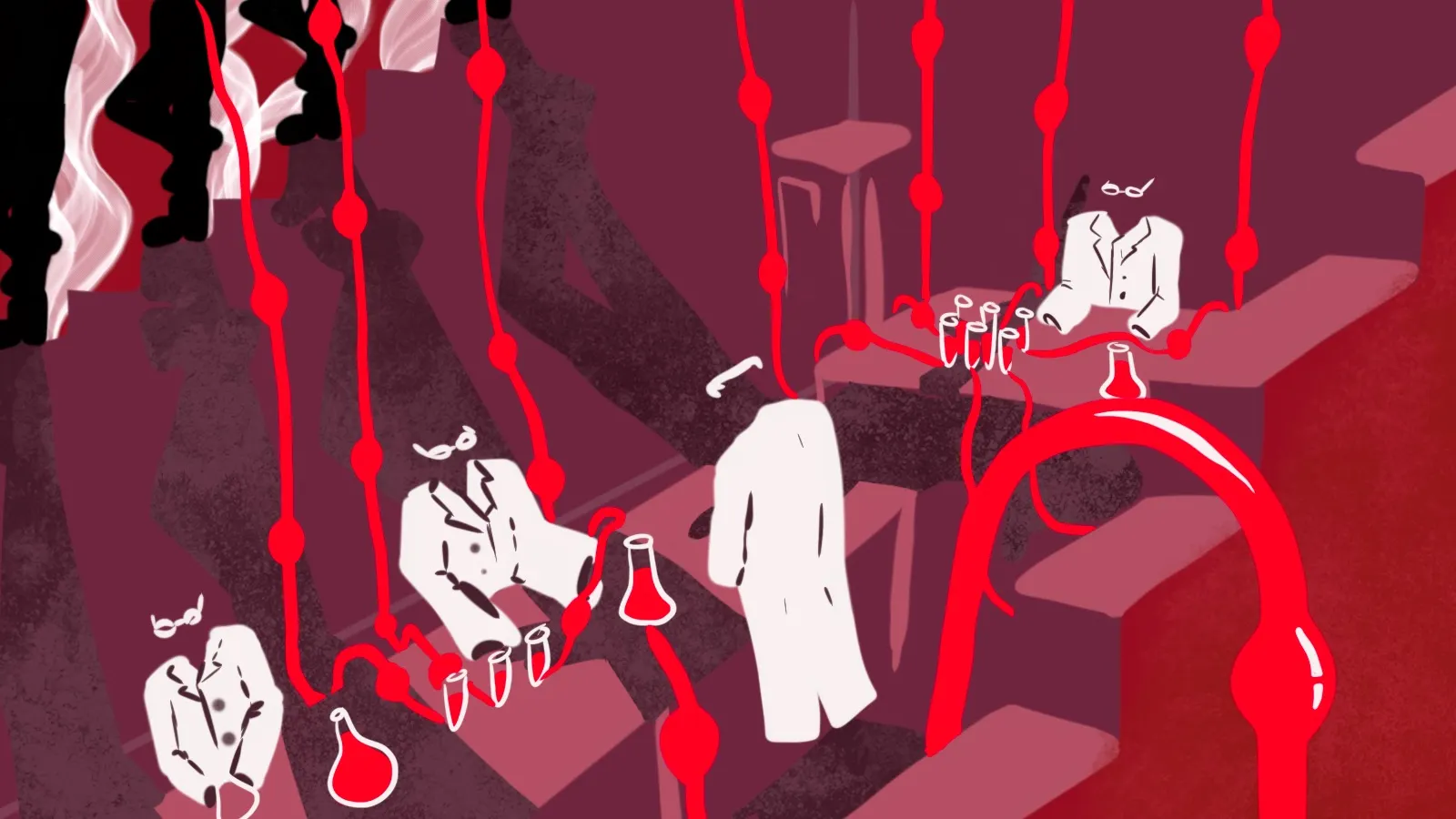 Illustration showing headless scientists in white lab coats working at lab benches, connected by red strings, against a dark red background