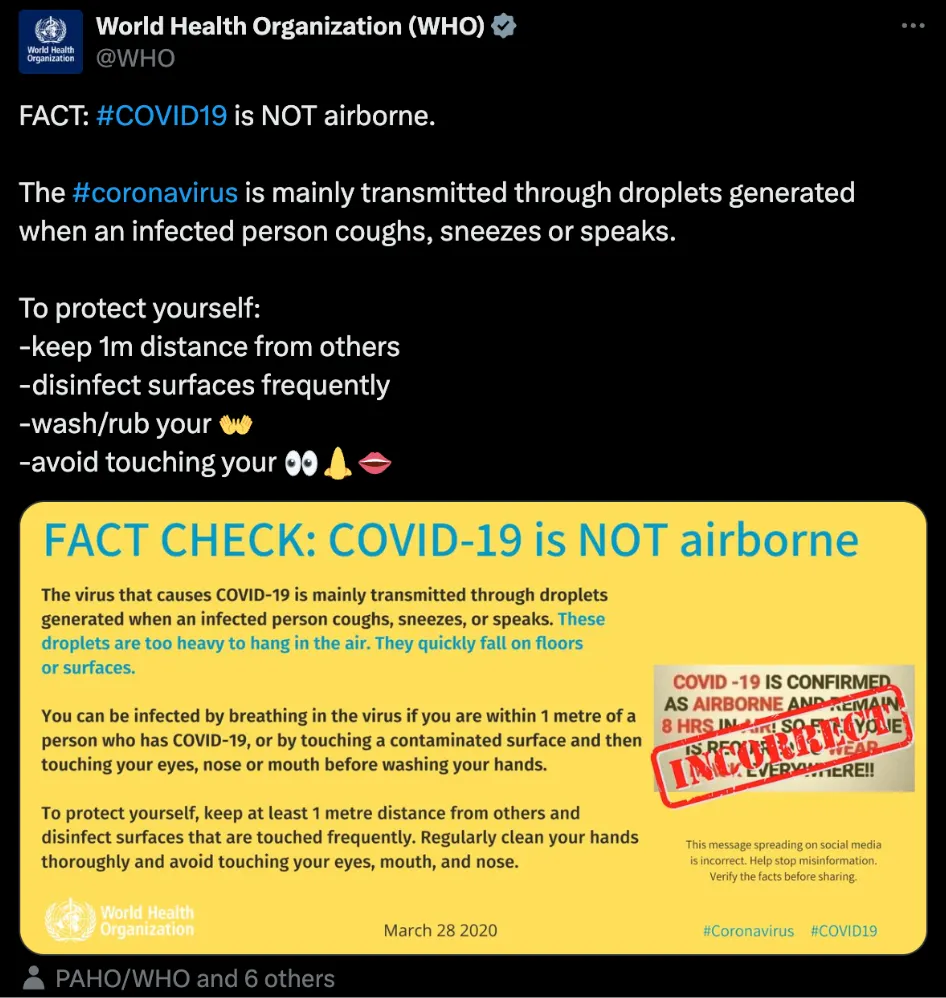 WHO tweet from March 28 2020 stating COVID-19 is NOT airborne