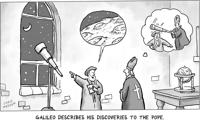 A cartoon depicting Galileo discussing his discoveries with the pope