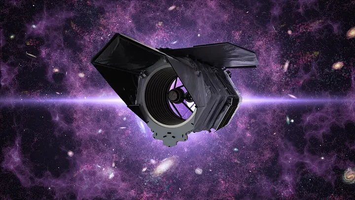 Artist's rendering of the Nancy Grace Roman Space Telescope against a purple cosmic web filled with galaxies