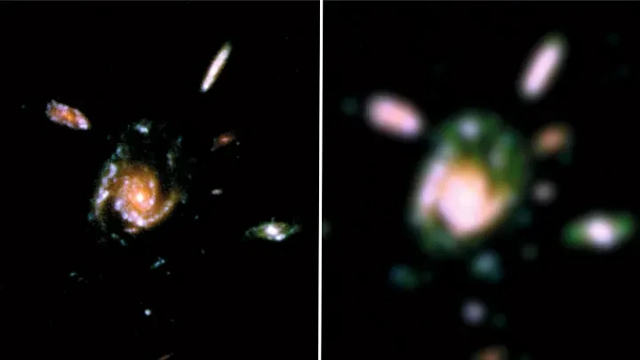 Side-by-side images of the same field of galaxies, sharp on the left and blurred on the right