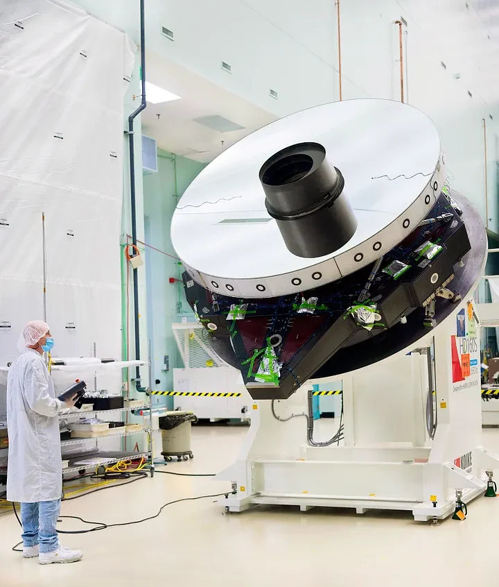 A technician in a clean room stands beside Roman's tilted 2.4 meter primary mirror