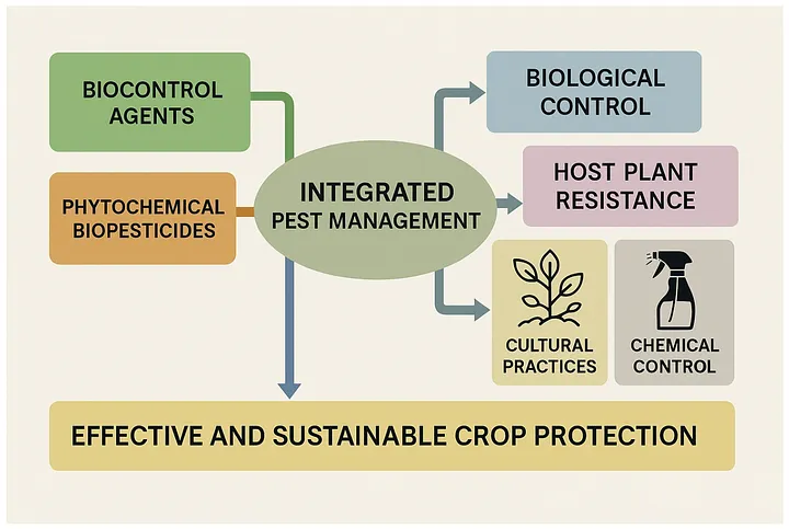 Diagram of integrated pest management, with biocontrol agents and phytochemical biopesticides feeding into biological control, host plant resistance, cultural practices, and chemical control for effective and sustainable crop protection