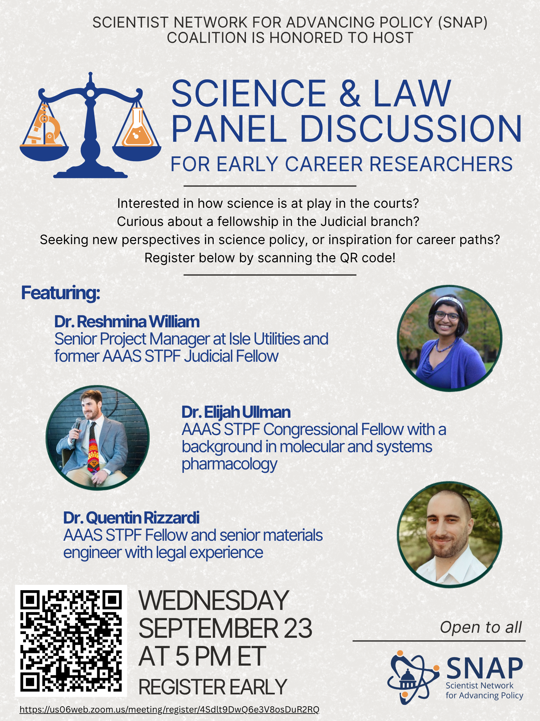 Flyer for Science & Law Panel Discussion for Early Career Researchers
