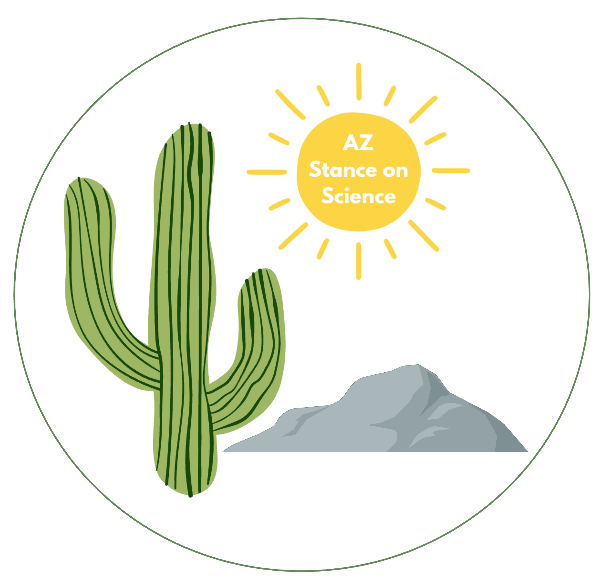 Arizona Stance on Science logo: a green saguaro cactus and a grey desert mountain beneath a yellow sun reading "AZ Stance on Science".