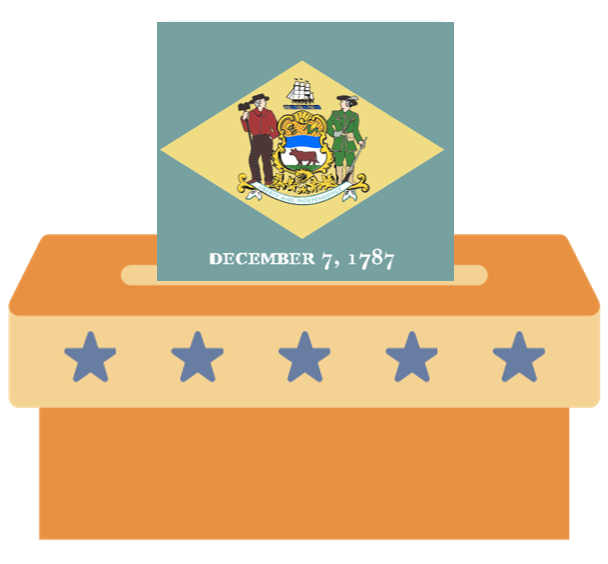 Illustration of the Delaware state flag entering an orange ballot box decorated with five blue stars.