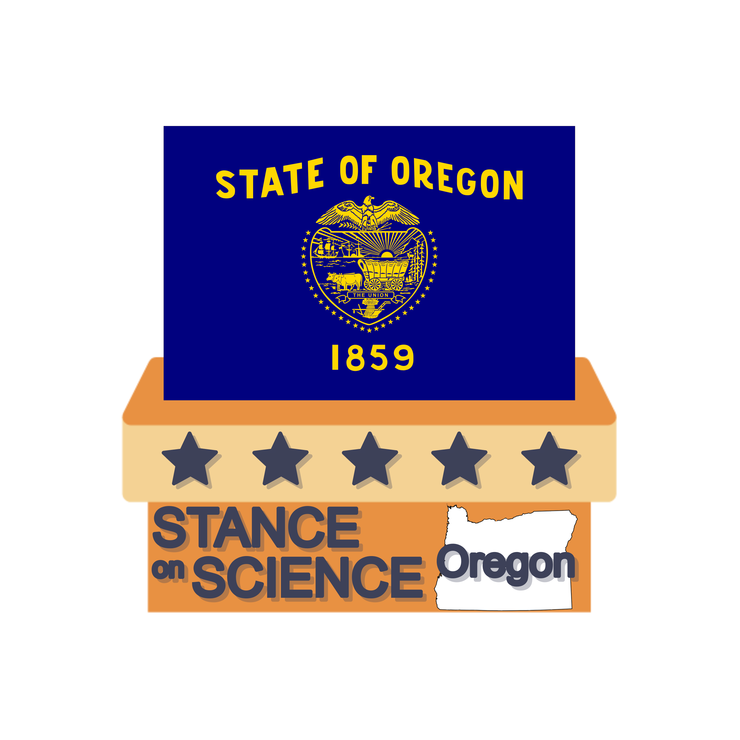 Oregon Stance on Science logo: the blue Oregon state flag rising out of an orange ballot box marked with five dark blue stars and the words "Stance on Science Oregon" beside a white outline of the state.