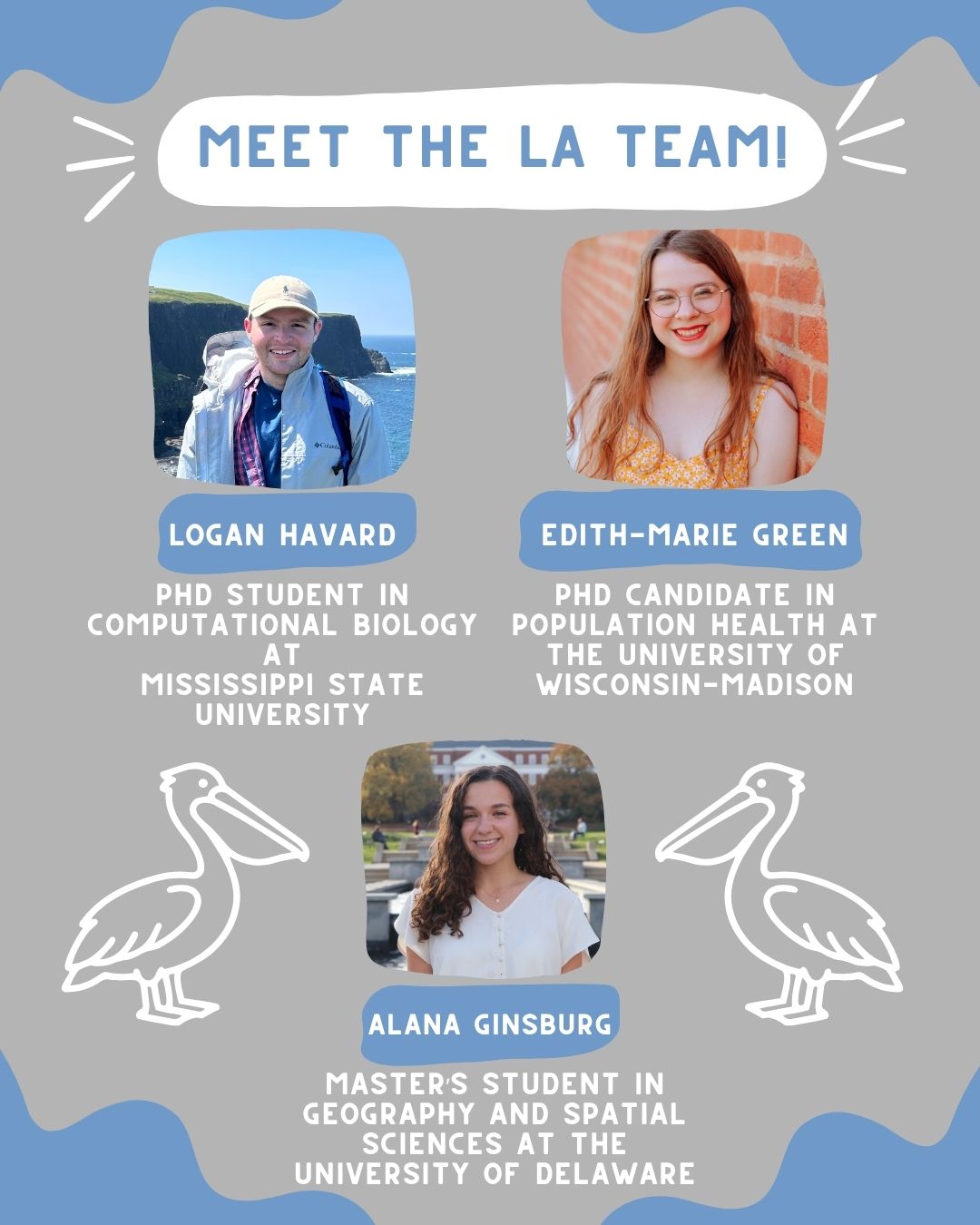 Meet the LA Team! Logan Havard (PhD student in Computational Biology at Mississippi State University), Edith-Marie Green (PhD candidate in Population Health at the University of Wisconsin-Madison), and Alana Ginsburg (Master's student in Geography and Spatial Sciences at the University of Delaware).