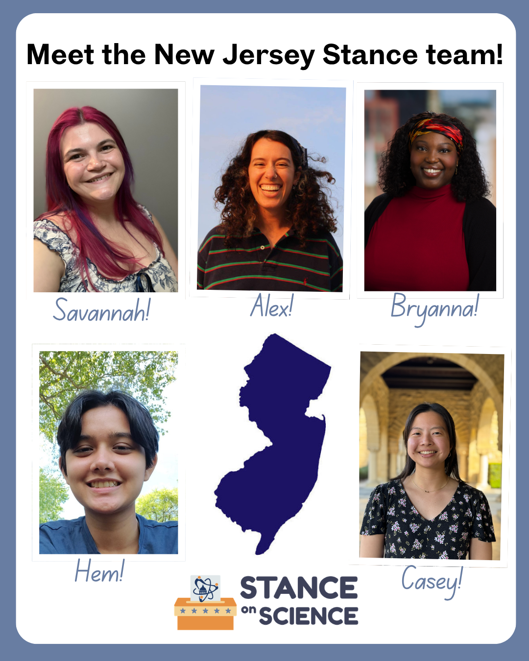 Meet the New Jersey team: Savannah, Alex, Bryanna, Hem, and Casey