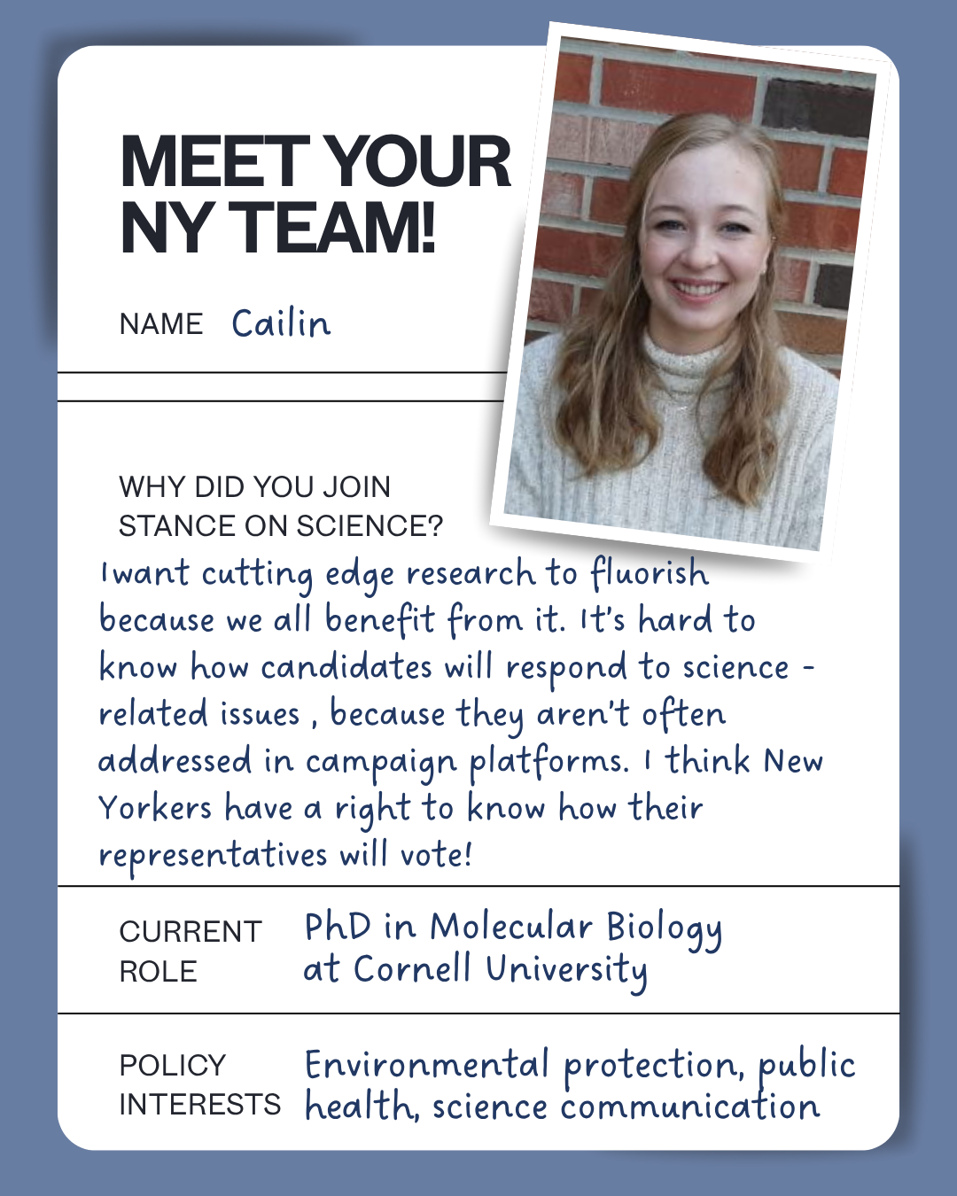 Meet the NY team: Cailin — Molecular Biology, Cornell University