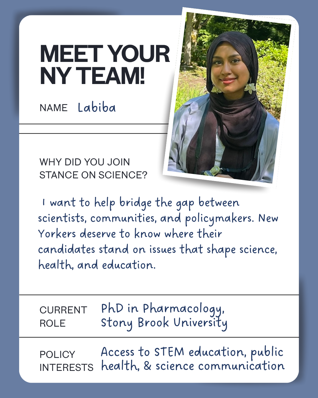 Meet the NY team: Labiba — Pharmacology, Stony Brook University