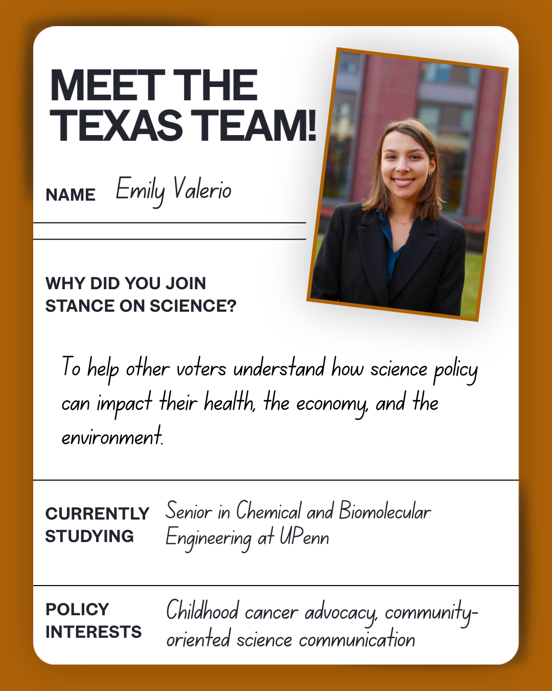 Meet the Texas team: Emily - Chemical and Biomolecular Engineering, University of Pennsylvania