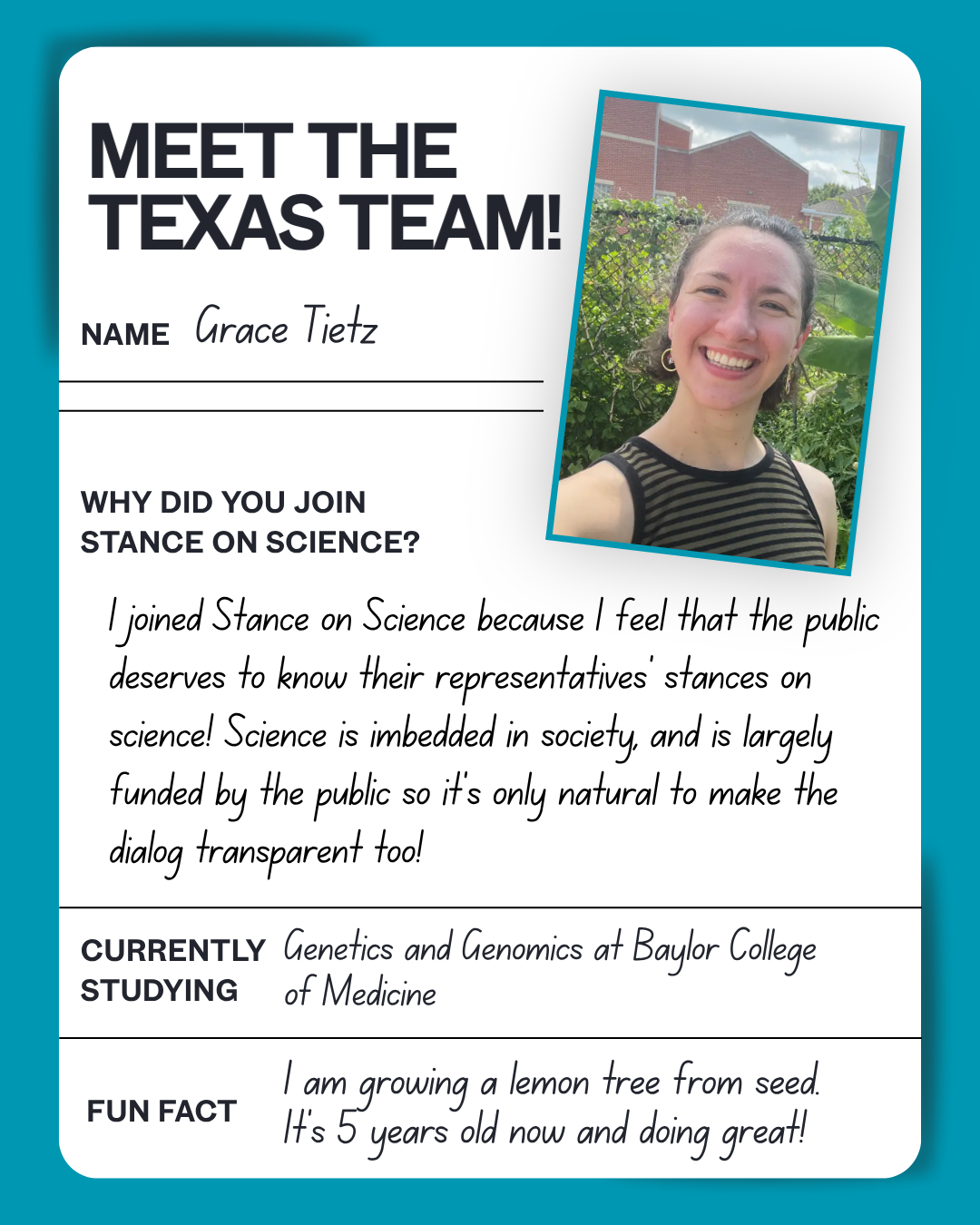 Meet the Texas team: Grace — Genetics and Genomics, Baylor College of Medicine