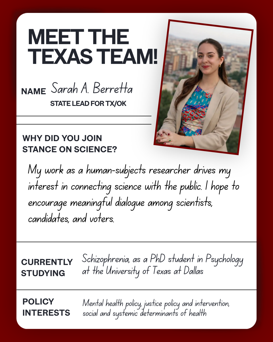 Meet the Texas team: Sarah — Psychology, University of Texas at Dallas