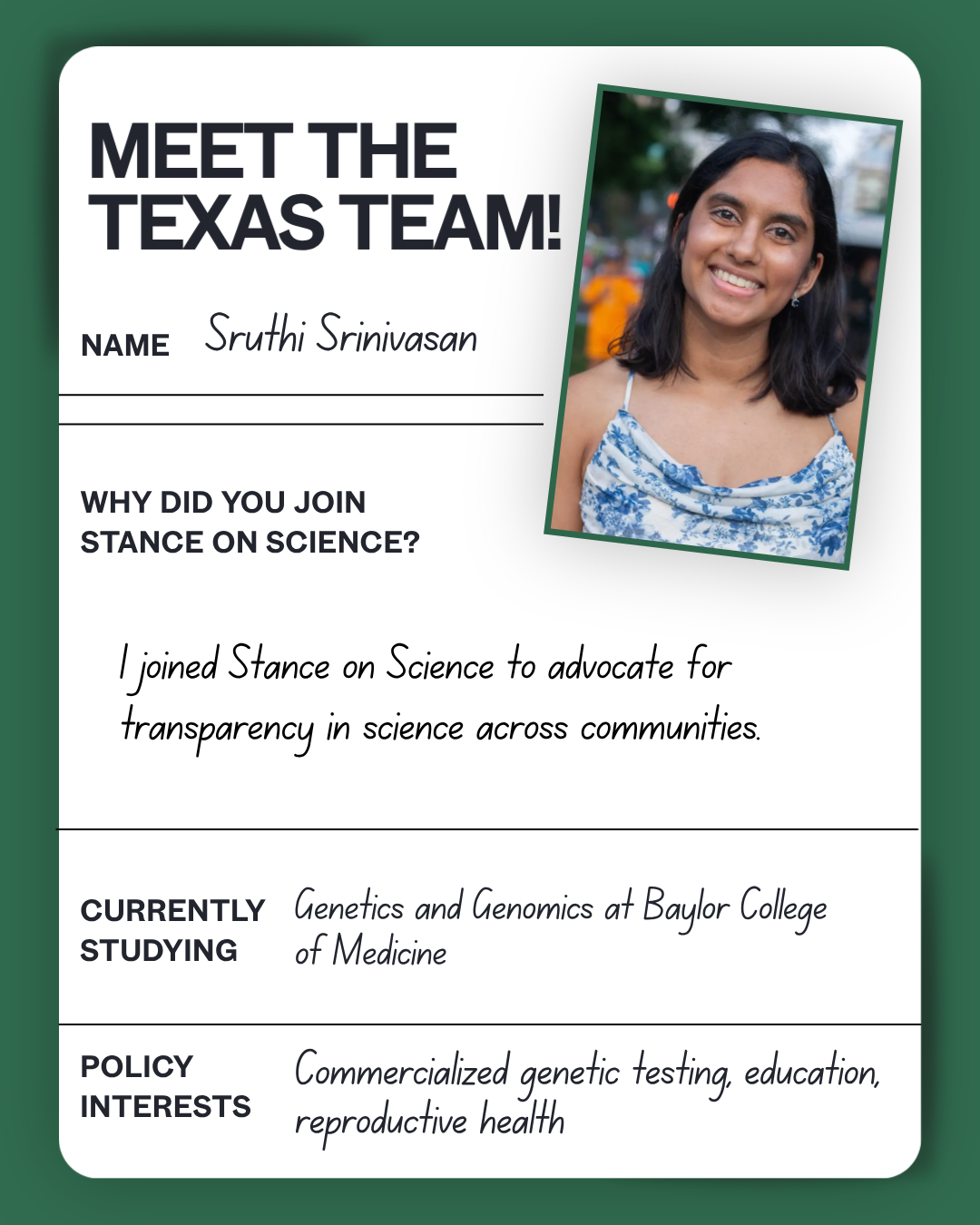 Meet the Texas team: Sruthi  — Genetics and Genomics, Baylor College of Medicine