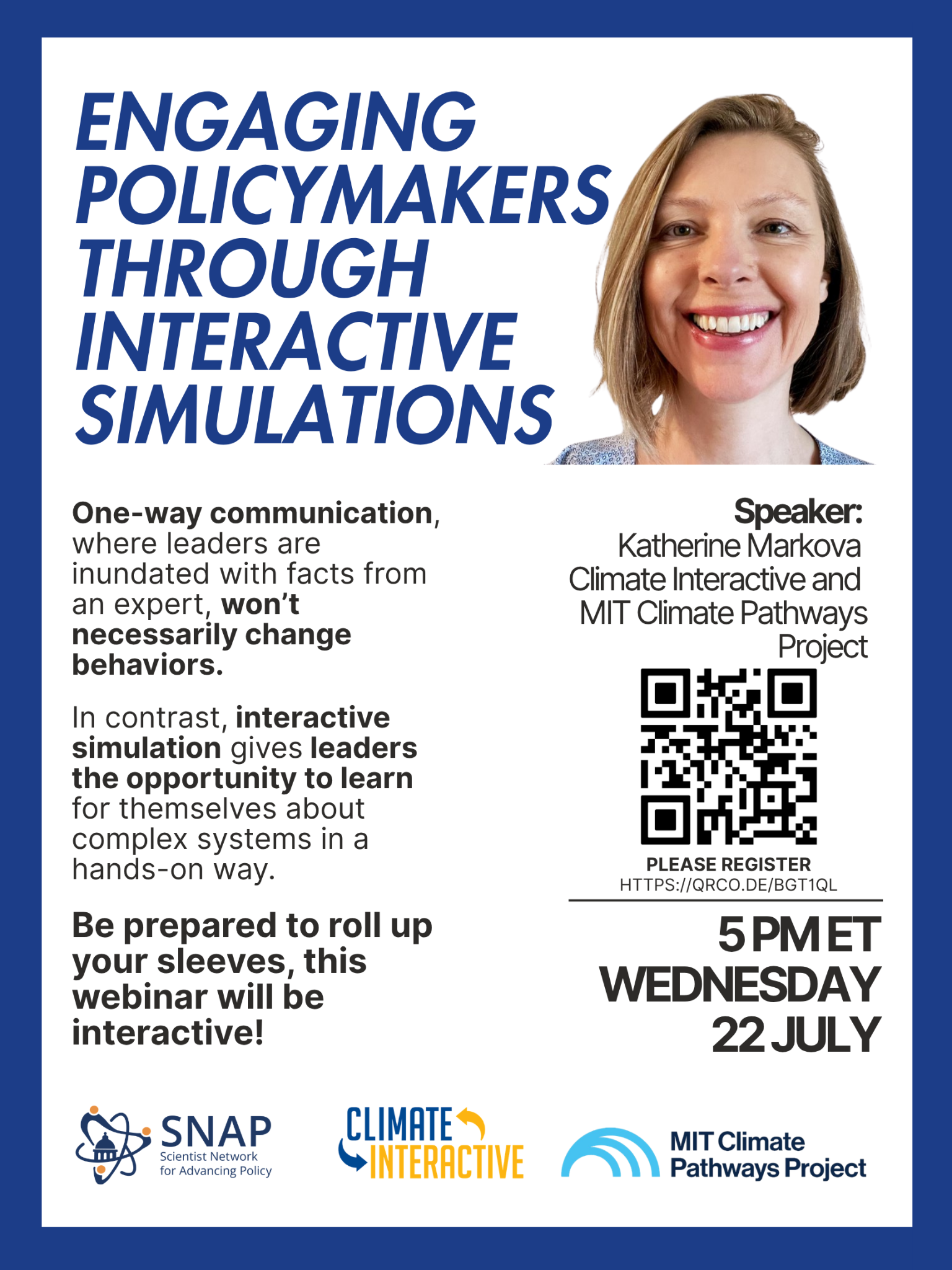 Engaging Policymakers Through Interactive Simulations webinar flyer