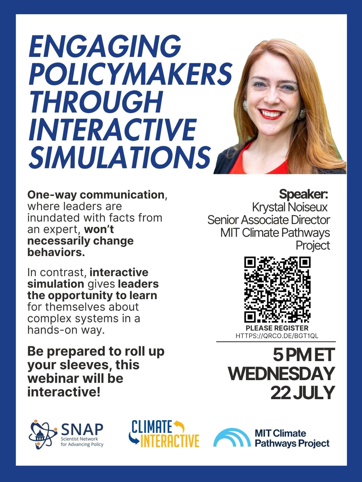 Engaging Policymakers Through Interactive Simulations webinar flyer with speaker Krystal Noiseux