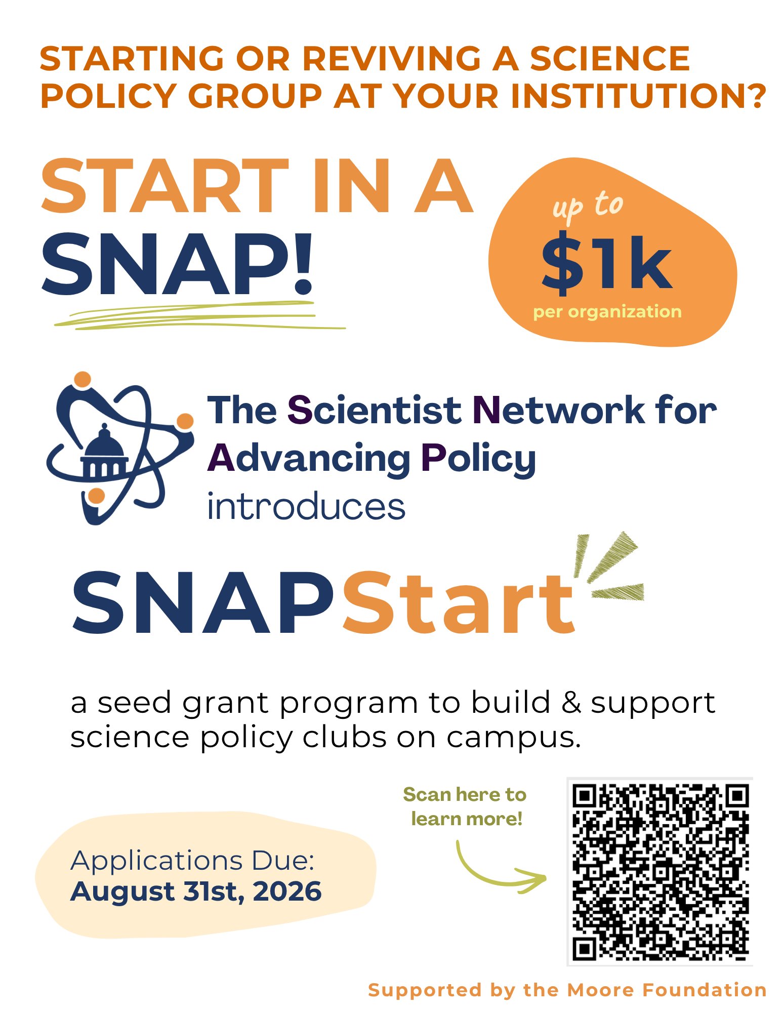 SNAPStart seed grant program flyer, applications due August 31st, 2026