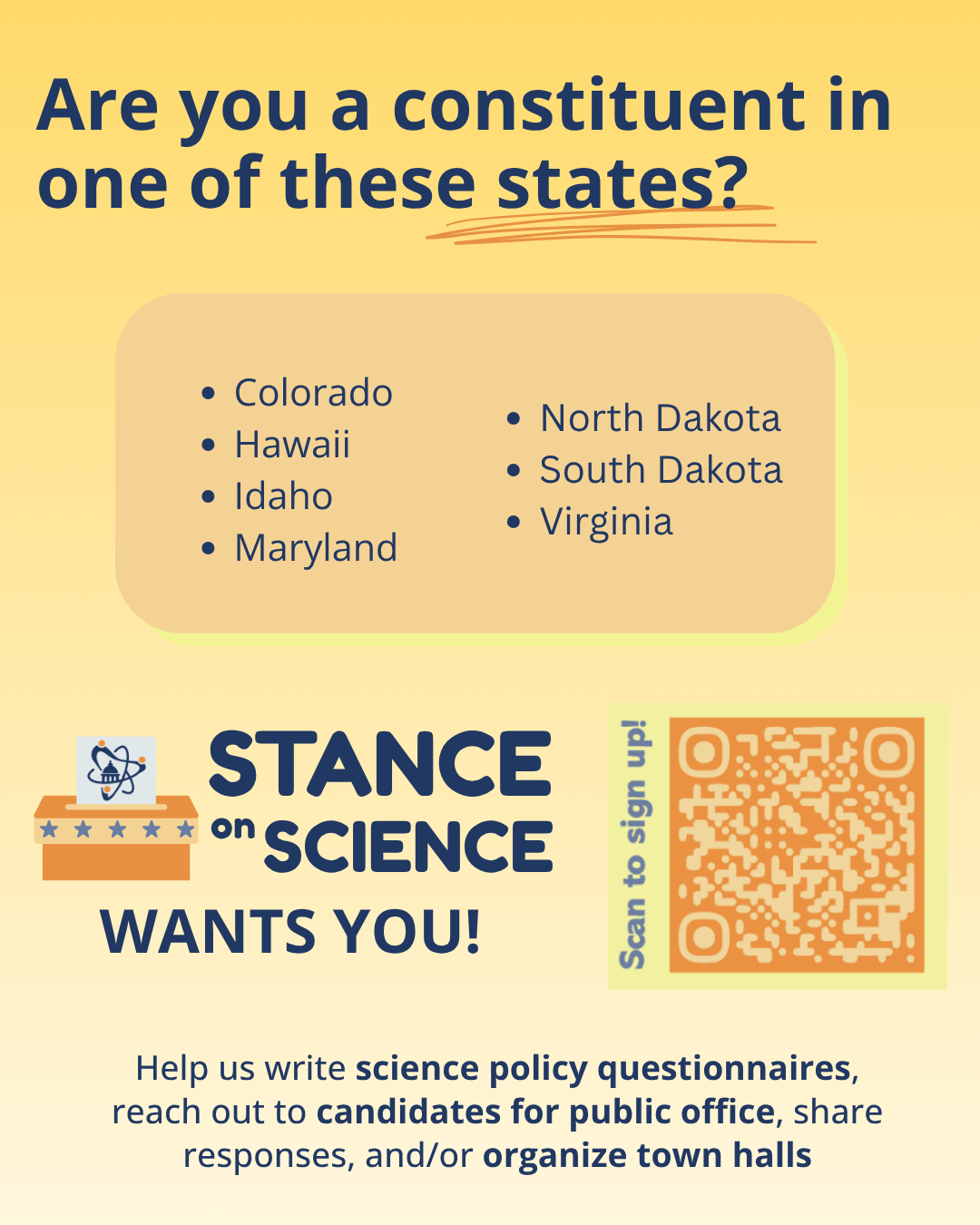 Stance on Science Wants You! flyer listing Colorado, Hawaii, Idaho, Maryland, North Dakota, South Dakota, and Virginia