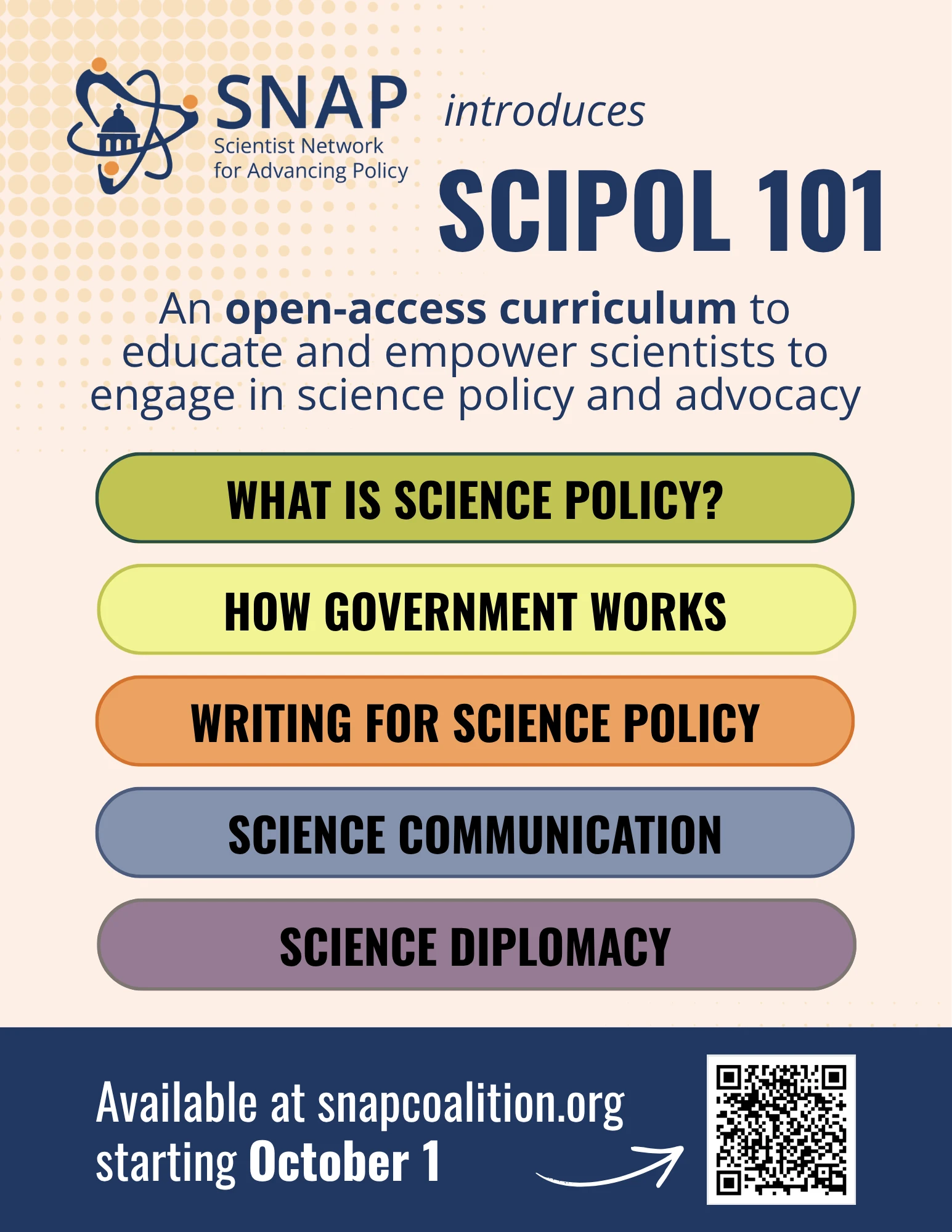 SciPol 101 open-access curriculum flyer, available at snapcoalition.org starting October 1