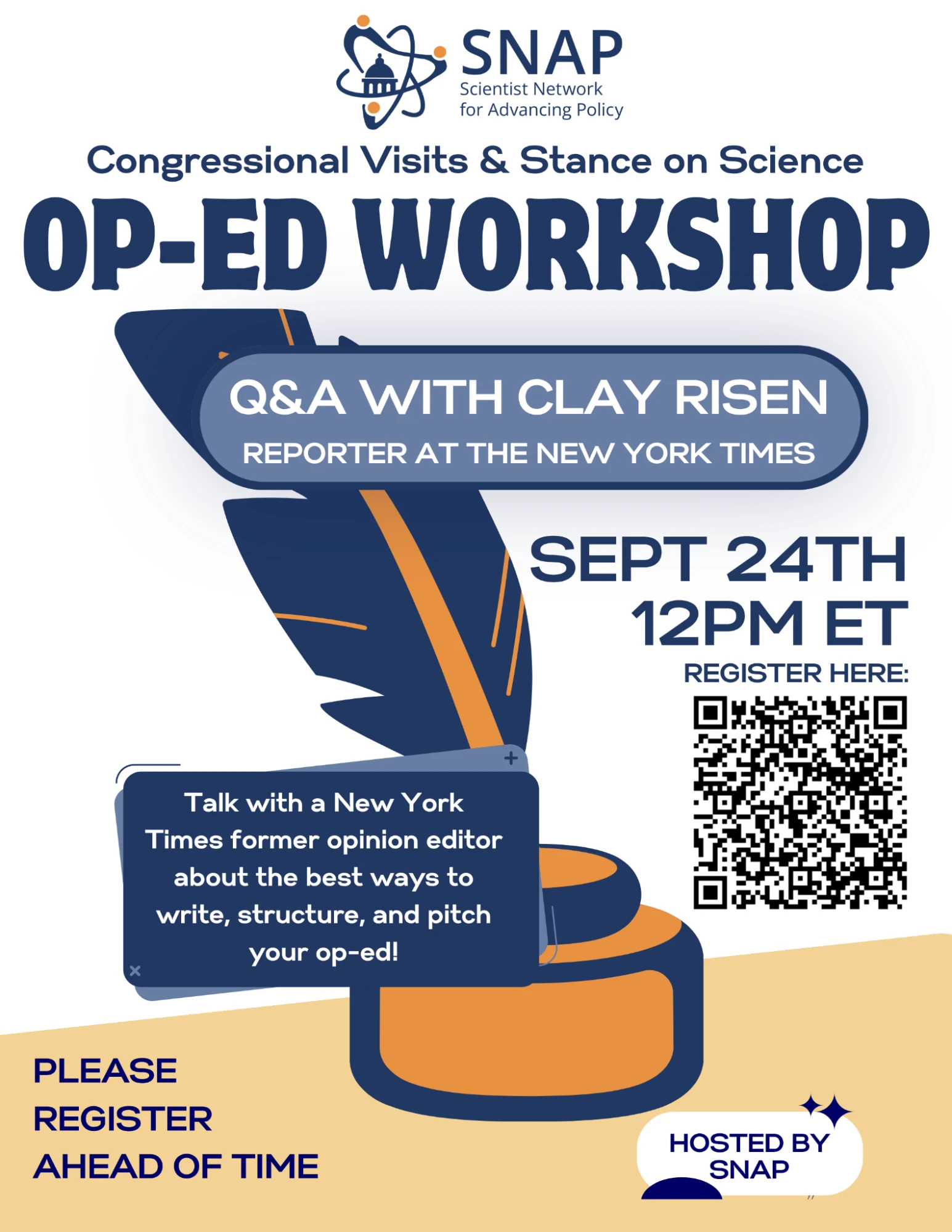 Op-Ed Workshop flyer: Q&A with Clay Risen, reporter at The New York Times, September 24th at 12pm ET